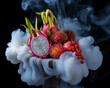 © Shahanaz - Exotic fruits like dragon fruit and rambutan arranged with red currants and smoke.