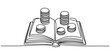 © Pabon Art Gallery - Continuous line art of an open book with stacks of coins representing financial knowledge.