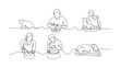 © Md - Continuous line drawing of people and their pets eating from bowls together in a connected minimalist style  simple illustration line art