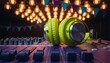 © Breezze - Professional lime green headphones resting on a purple mixing console in a music studio with glowing edison bulbs and festive bunting for creative branding