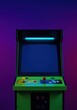 © Breezze - Retro arcade machine with a blank blue screen standing against a purple studio background for gaming blog mockup, nostalgic neon gaming console for entertainment