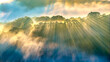© huythoai - A breathtaking sunrise over mist-covered mountains, where golden sun rays stream through layers of fog and illuminate rolling green hills. In the foreground, terraced farmland and greenhouse structure