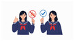 © Jolly J Icon - Two young women wearing navy blue school uniforms are holding round signboards with a red prohibition symbol and a blue checkmark.