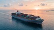 © Eggie - A large container ship sailing on the ocean at sunset, carrying numerous cargo containers under a beautiful sky.