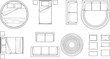 © Vexora Studio - Furniture top view set, bed sofa rug pillow collection, line vector illustration interior design pack