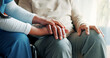 © peopleimages.com - Nurse, holding hands or old man in wheelchair at nursing home, support or trust for rehabilitation. Assisted living, caregiver or senior person with disability for medical care, comfort or kindness