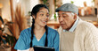 © peopleimages.com - Nurse, report and tablet with old man in assisted living for feedback, medical advice or review. App, consulting and explain with healthcare woman speaking to senior patient in retirement home