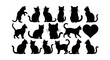 © Rajib - Black cat silhouettes collection, 17 feline vector elements in various poses, domestic kitten shapes and heart icon for pet lovers and animal branding