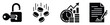 © Maestro - Business and financial icons representing security, income generation, time based investment growth, and legal agreement signing for diverse commercial applications