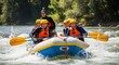 © rdkcho - Excited group of friends whitewater rafting on a sunny river navigatin