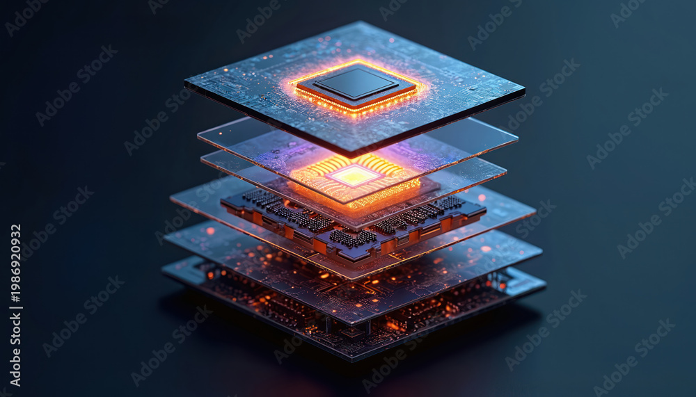 Layered microchip processor circuit board components glow with internal ...