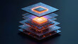 © miss irine - Layered microchip processor circuit board components glow with internal light. Futuristic tech schematic visualizes data processing architecture and intricate electronic hardware design.