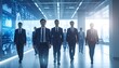 © Tahu - Group of confident men in suits walking in a brightly lit, modern office space with digital display screens