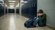 © mashimara - Young boy crying alone in school hallway next to lockers with backpack