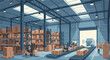 © lelah - Pixel art warehouse interior with forklifts, conveyor belts, boxes, and truck