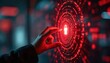 © Pete - Hand interacts with glowing red digital interface. Lock icon indicates security alert, cyber threat or data breach. Futuristic screen shows abstract code pattern.