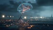 © Taiwo - Artificial intelligence and neural networks for advanced technology, cognitive convergence of human cognition and machine learning. Brain is connected to a vast, sprawling lines, nodes networks.
