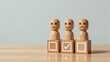 © PixelCraftHub - Business decision making wooden figures with facial expressions standing on blocks one selected with checkmark voting process customer satisfaction survey concept