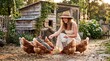 © Julia - Happy homesteader woman in a dress feeding a flock of hens from a bucket at sunset