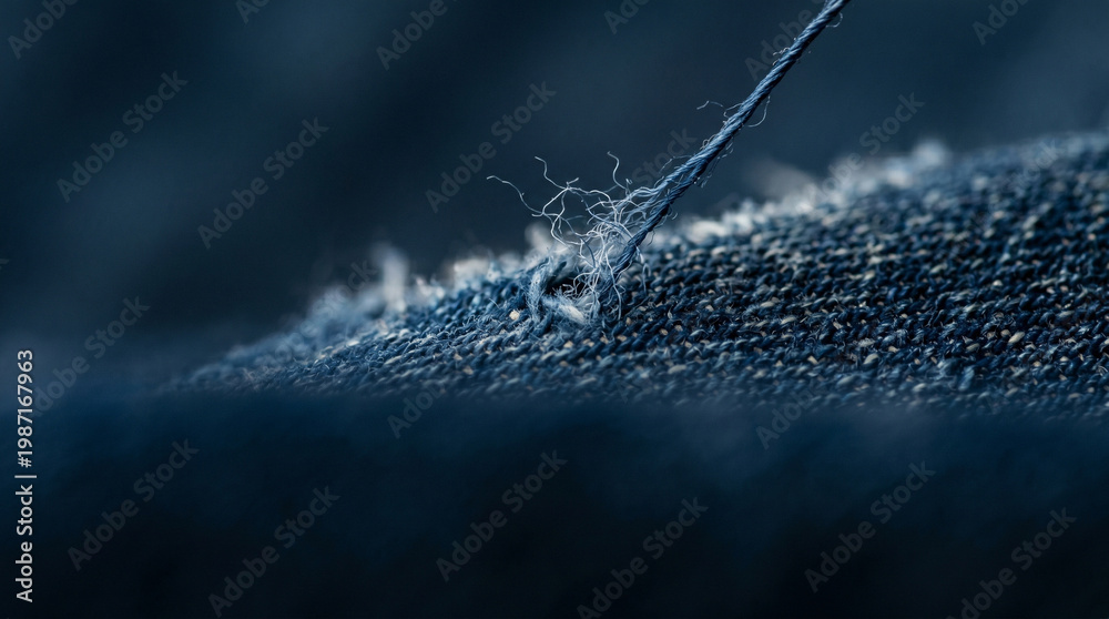 Early warning signs of fabric wear on blue textile with frayed thread ...