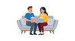 © Naim - Cheerful man and woman laugh while sitting on a light grey couch holding striped popcorn buckets during a fun movie night in a cozy, bright home interior.