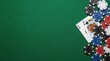 © Lahiru - Top down view of Ace of Spades and King of Spades playing cards with a pile of colorful poker chips on a green felt casino table, gambling concept with large copy space for text.