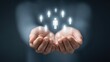 © 69 - Human Hands Presenting Glowing Digital Icons in a Holographic Display for Concept Visualization and Technology Communication