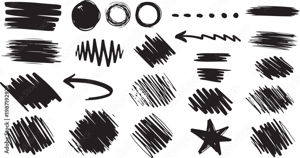 Black grunge brush stoke set. Hand drawn crayon underline, zigzag, dash ...