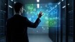 © Dinara - Business professional interacts with digital display while standing in server room near data center during daytime hours