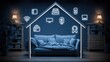 © Syilvianty - Illumination outlining a home interior frames various digital device icons symbolizing connected living