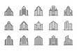 © Pixels-Stock - Selection of minimalist architectural building icons representing urban skyscrapers. Clean outline design elements for real estate and city planning projects.