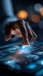 © Kateryna - Close up of a hand interacting with a holographic ai project management interface showing global business planning modules and execution strategy panels cool blue holographic