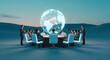 © Looma - Business people are discussing the global economy around a large round table. A globe-shaped light illuminates the table, creating a futuristic scene