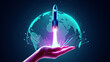 © Crystian - A rocket launch from a glowing hand against a digital globe, symbolizing global startup, technological innovation, and future success