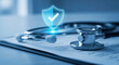 © Myimages - Health insurance and medical coverage concept with stethoscope, clipboard, and protection shield icon. Represents healthcare benefits, patient care, medical assurance, wellness planning