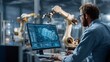 © Oleh - Engineer working on a desktop computer, programming and visualizing cad software with a 3d model of a complex robotic arm part, operating in a modern industrial setting with automated machinery
