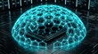 © Irina Kalinina - Glowing futuristic neon blue hexagonal energy shield protecting a digital microchip inside a dark advanced server room. Advanced cybersecurity firewall concept, safe data privacy.