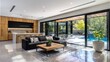 © ANDREI - a living room space with a modern open plan kitchen to the left and sofa living room area to the right with big bifold windows full back of this space with view of a swimming pool