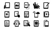 © Liza - E-reader icon set with 15 black vector silhouettes, digital reading device symbols for mobile apps, electronic book reader interface elements