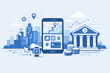 © Basit - Flat vector illustration of digital banking and mobile technology featuring a smartphone with navigation and finance apps, a bank building, coins, a smartwatch, and a modern city skyline.
