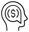 © Afsana - Minimalist black line vector icon illustration of a human head profile with a speech bubble containing a dollar sign, symbolizing financial mindset, business ideas, wealth, and money management.