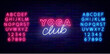 © Anastasia Gapeeva - Yoga neon label. Balance and meditation. Glowing pink and blue alphabet. Athletics sport signs. Sports gym club. Editable stroke. Vector stock illustration