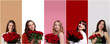 © New Africa - Beautiful women with bouquets of red roses on colorful backgrounds. Collection of portraits