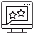 © MDAslam - Black vector icon of a computer monitor with a speech bubble containing two stars, representing online customer reviews, digital feedback, website rating, user experience, and business reputation.