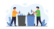 © Mitu - Two environmentally conscious men sort plastic bottles and trash into separate recycling bins to promote sustainability and green living.