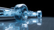 © Chaiwit - Transparent car wheel and steering mechanism close up with reflection on surface, futuristic design with blue light glow