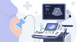 © nanang - Pregnant woman undergoing ultrasound scan, showing fetus on screen, medical technology concept
