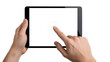 © Ezio17 - Hands holding a horizontal tablet with blank screen, finger pointing. Isolated on transparent background, png