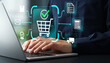 © Murfolio - Person Using Laptop for Online Shopping with Digital E commerce Workflow Icons Overlay