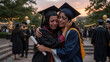 © pimpakarn - Two Emotional Female Graduates Hugging Tight Wearing Academic Regalia Outdoors During Sunset Celebration with Confetti Falling